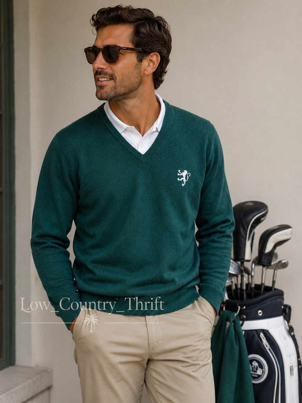 Vintage Romanes & Paterson Scotland Wool Golf Sweater Green V Neck Large